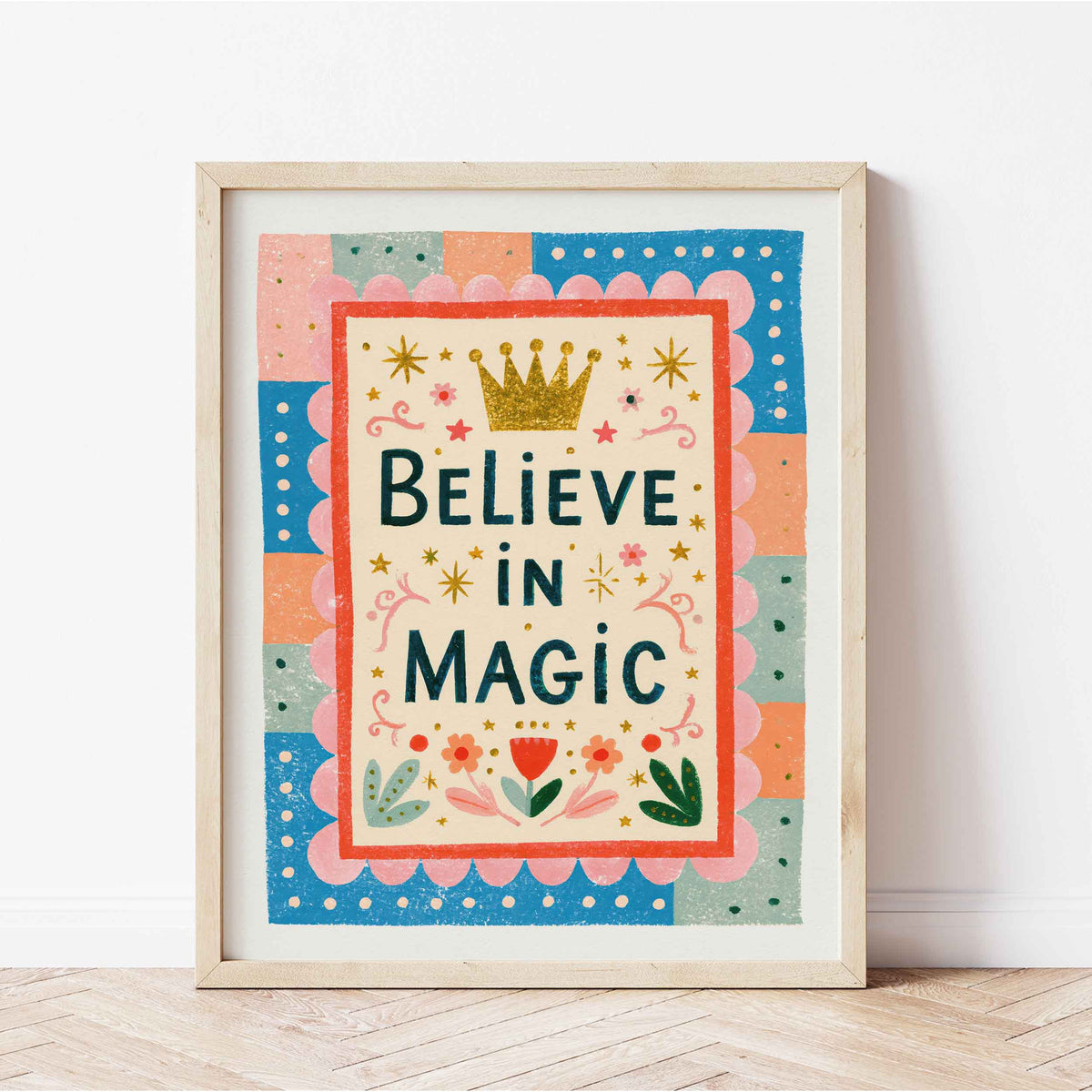 Retro wall art with a red frame and scalloped pink border