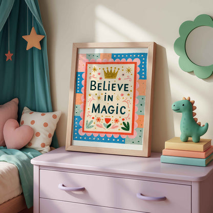 Retro princess crown wall art with golden stars, swirls and tiny flowers