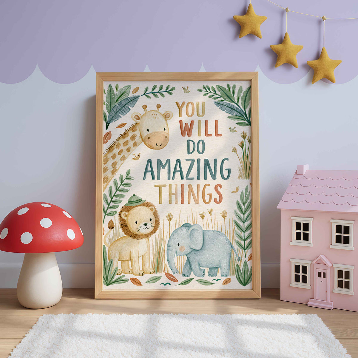 Retro safari wall art with a lion, a baby elephant and a giraffe in tall grass, lettered You Will Do Amazing Things