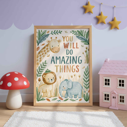 Retro safari wall art with a lion, a baby elephant and a giraffe in tall grass, lettered You Will Do Amazing Things