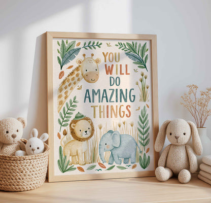 You Will Do Amazing Things in hand lettering on a retro safari animal wall art print