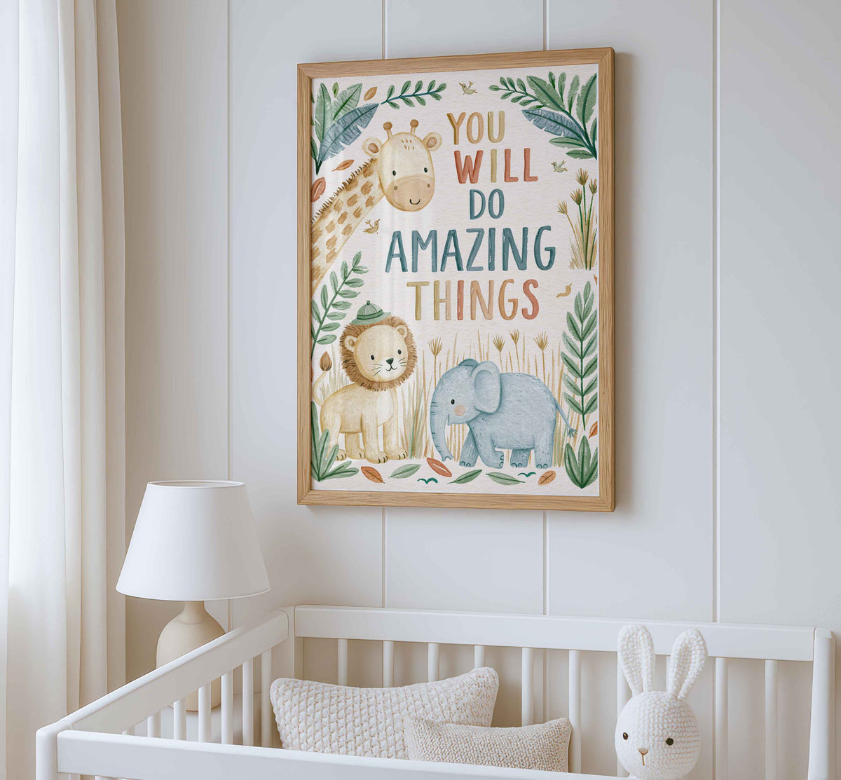 Retro wall art featuring a lion in a soft green cap and a baby elephant