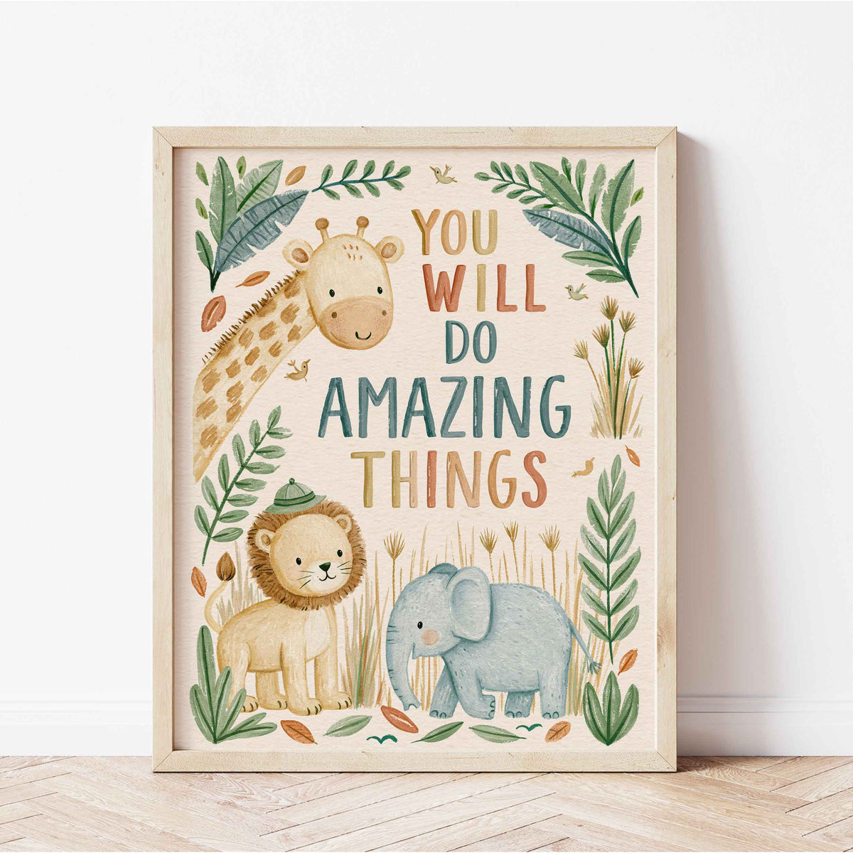 Retro wall art with a giraffe leaning in from the corner