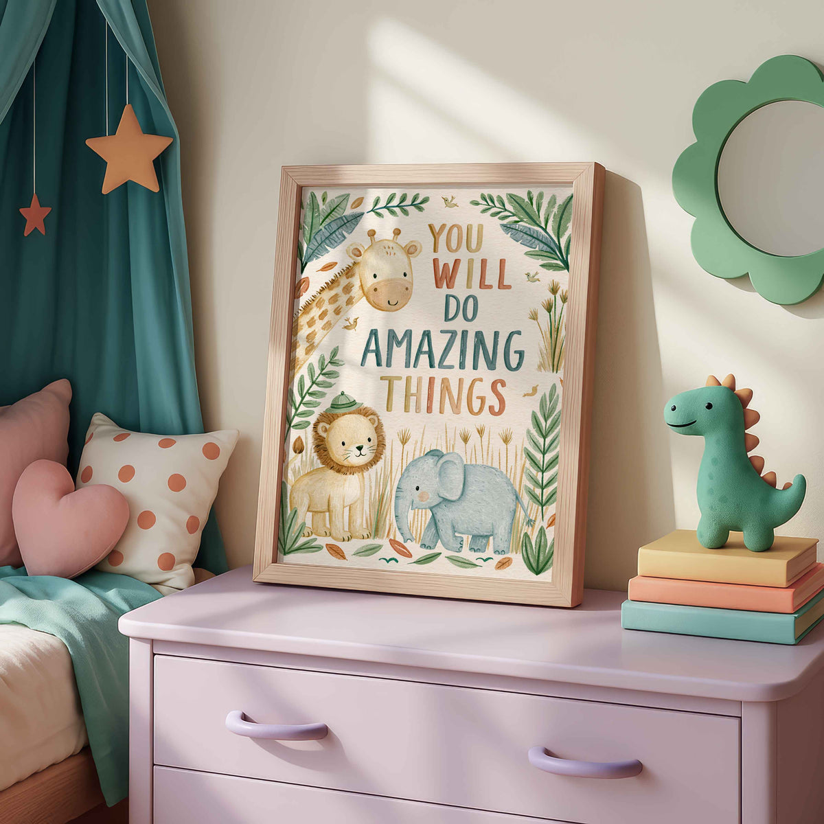 Retro safari animal wall art with tall savannah grass