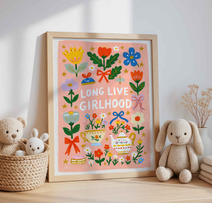 Long Live Girlhood in hand lettering on a retro tea party wall art print