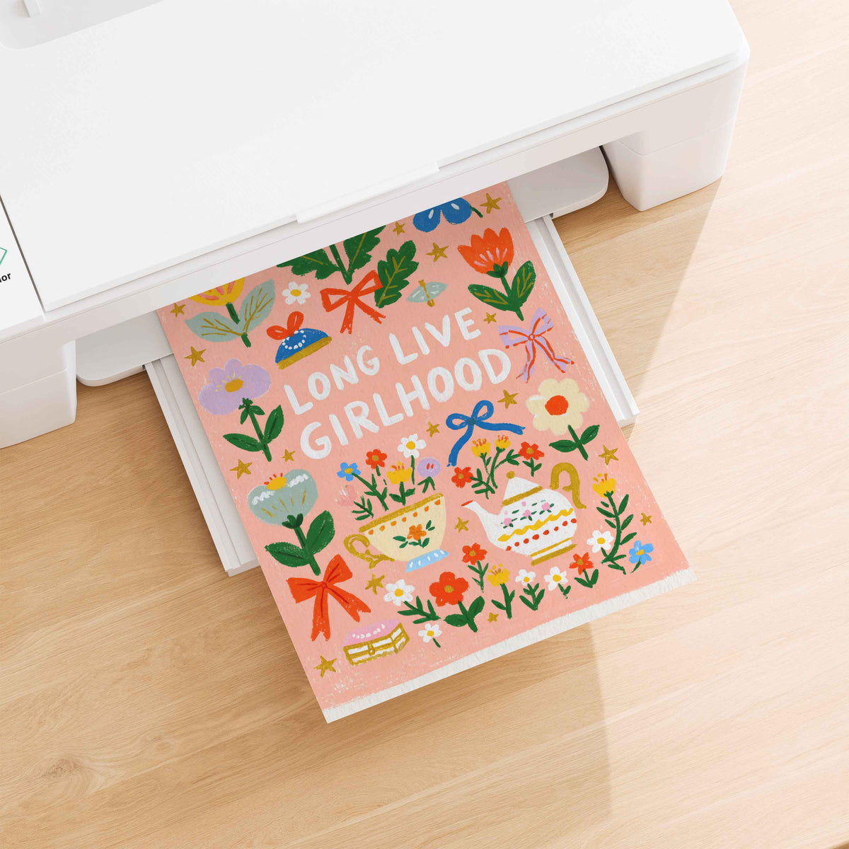 Retro tea party print in peach pink with red, blue and lavender