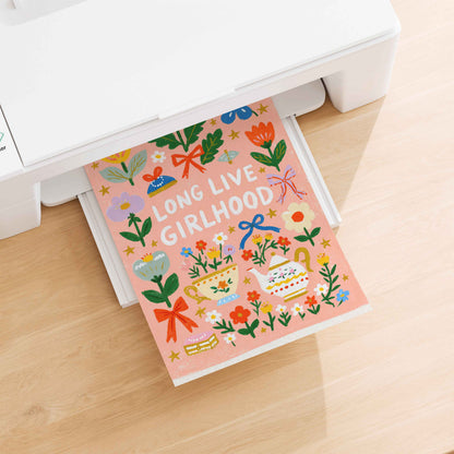 Retro tea party print in peach pink with red, blue and lavender