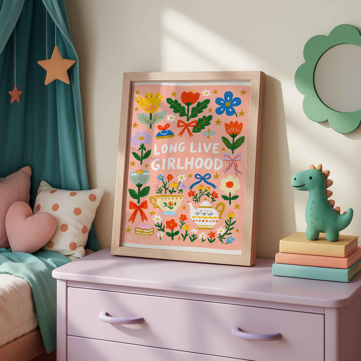 Retro tea party wall art with golden stars over peach pink