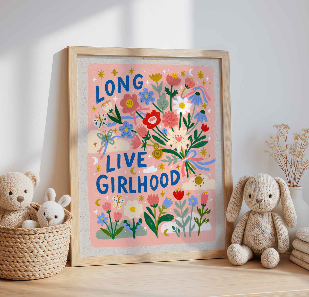 Long Live Girlhood in hand lettering on a retro wildflower bouquet wall art print
