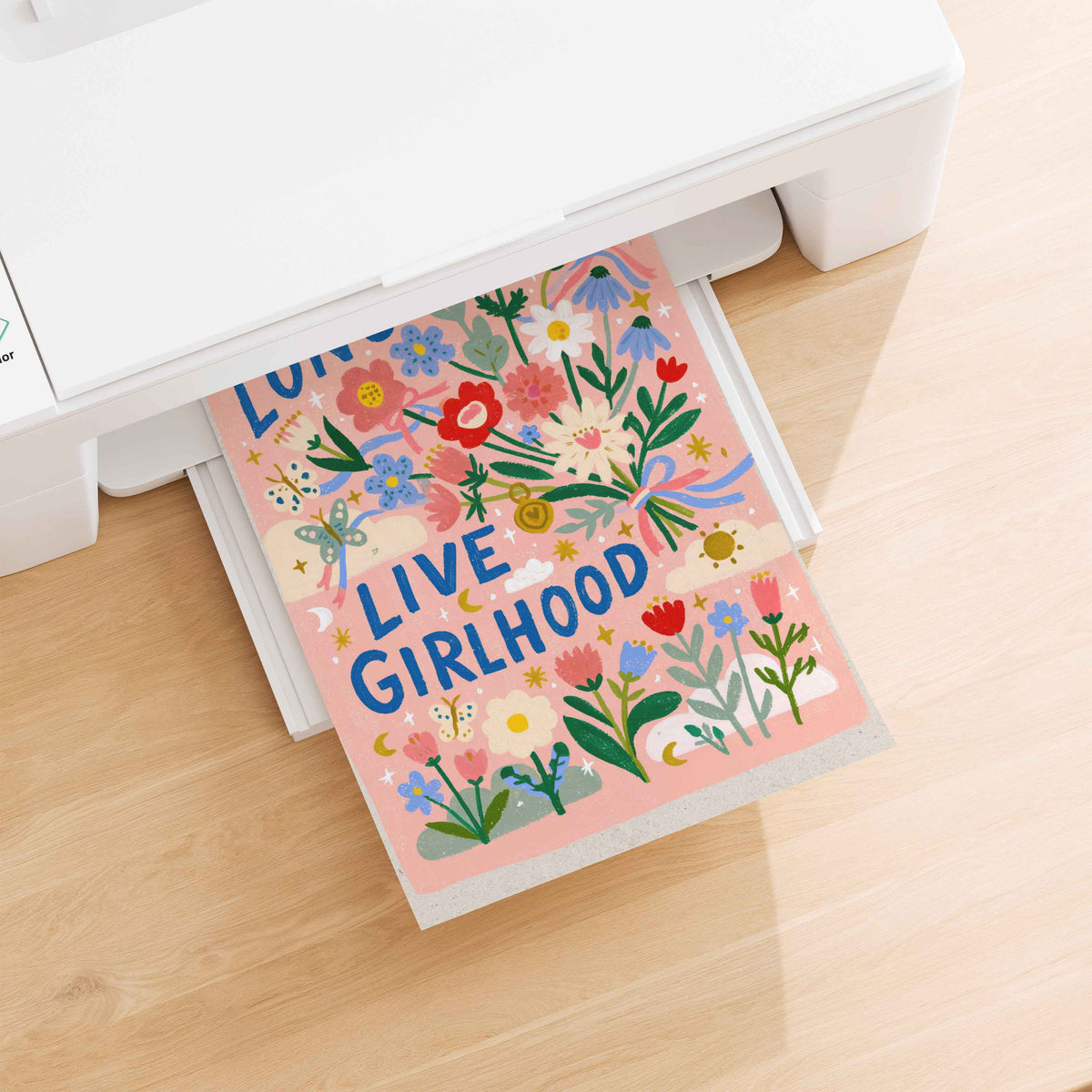 Retro wildflower bouquet print in warm pink with blue lettering