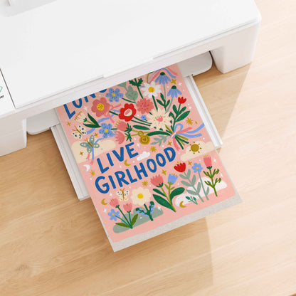 Retro wildflower bouquet print in warm pink with blue lettering