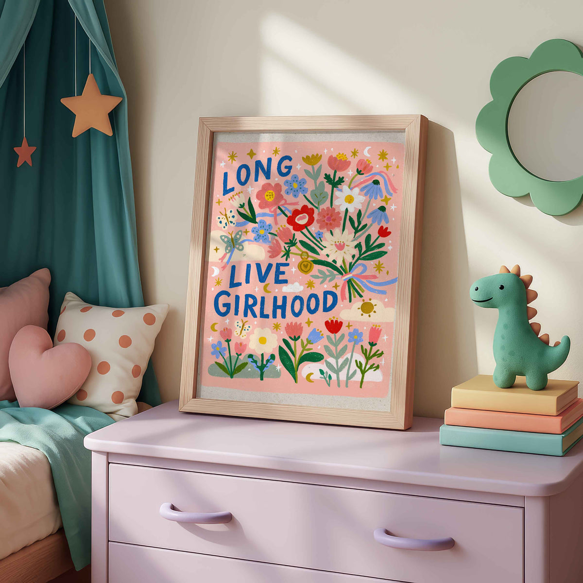 Retro wildflower bouquet wall art with golden stars among the flowers