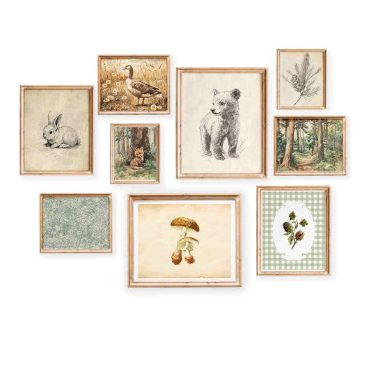 Rustic pine and earthy forest wildlife nursery prints set of 9 styled in a gender neutral room