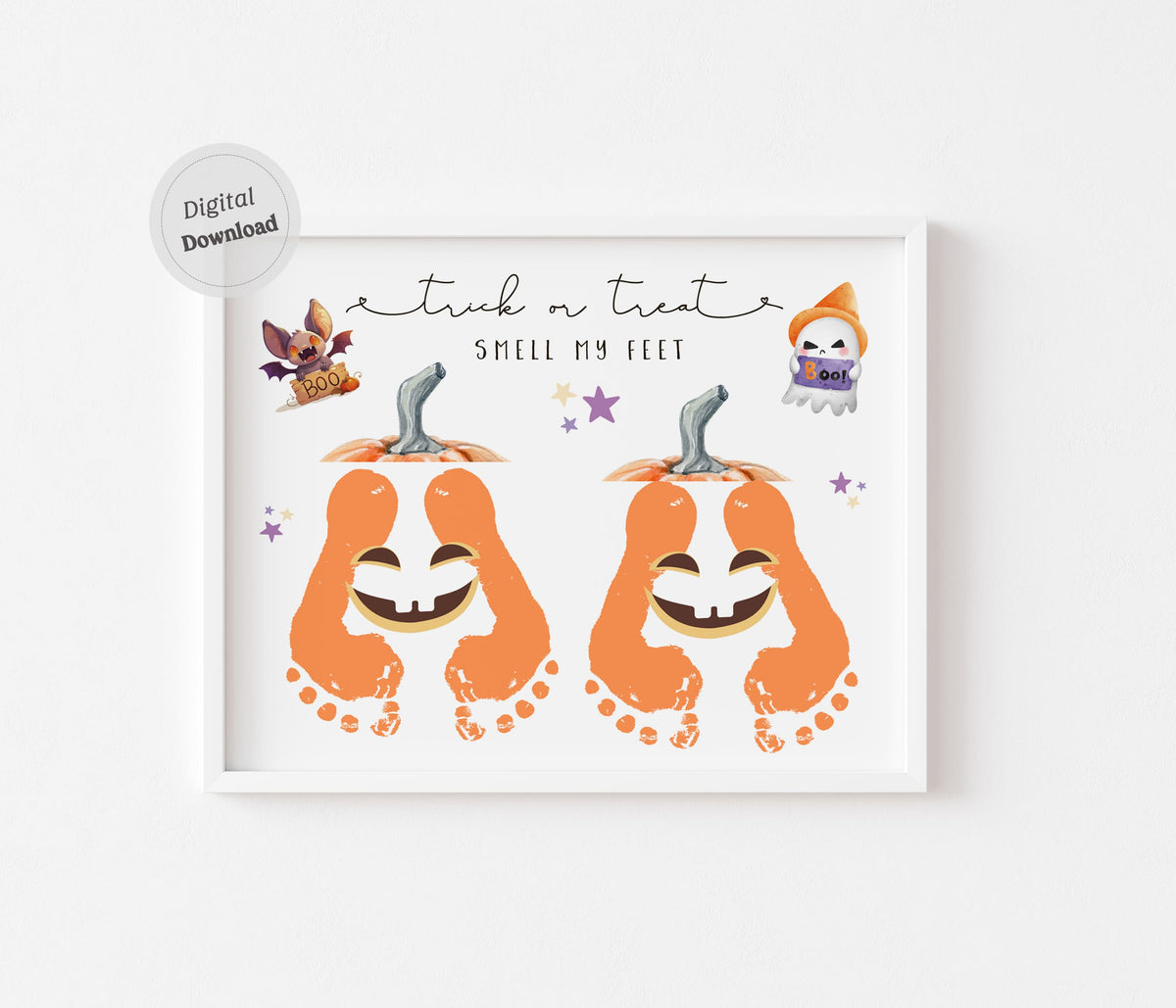 Trick or Treat Smell My Feet sibling pumpkin footprint art printable Halloween template