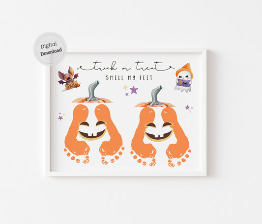 Trick or Treat Smell My Feet sibling pumpkin footprint art printable Halloween template