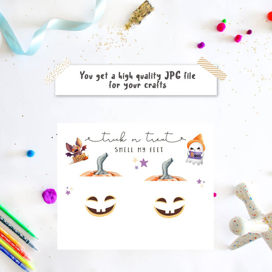 Two kids pumpkin footprint art template for siblings on Halloween