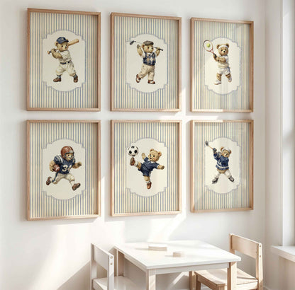 Sports teddy bear nursery wall art set of 6 boys room printable prints