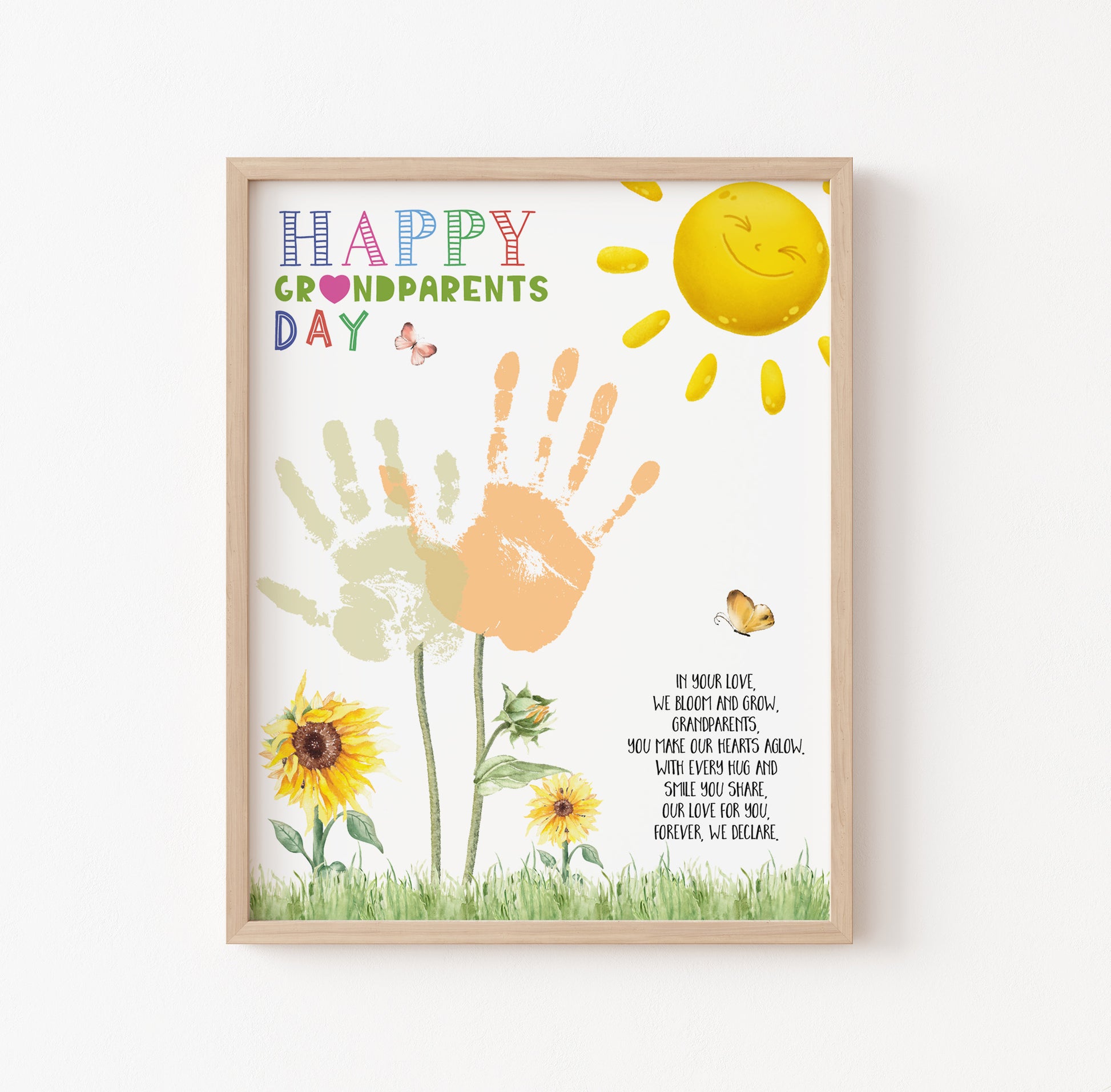 Sunflower Grandparents Day poem handprint keepsake craft template for 2 kids