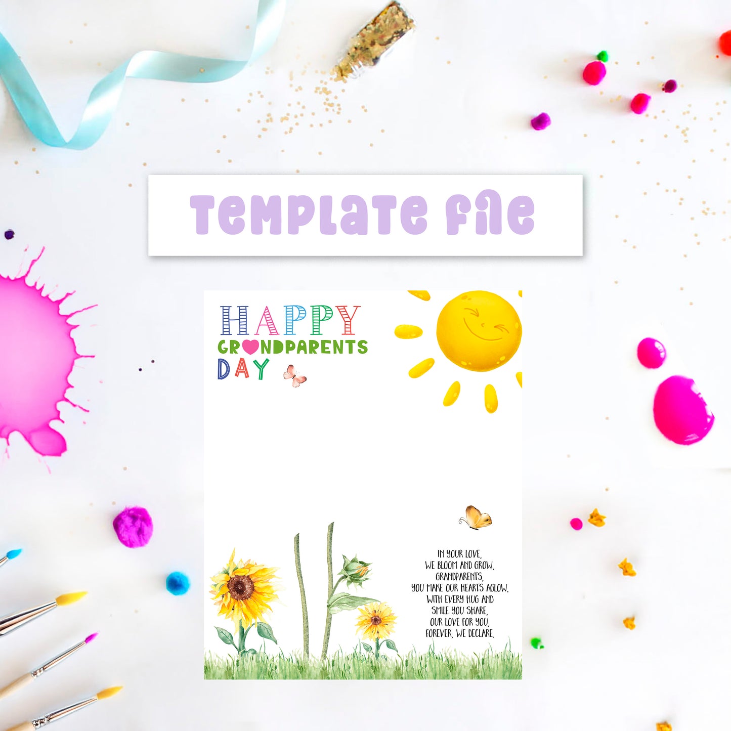Two kids sunflower handprint art template with a poem for Grandparents Day