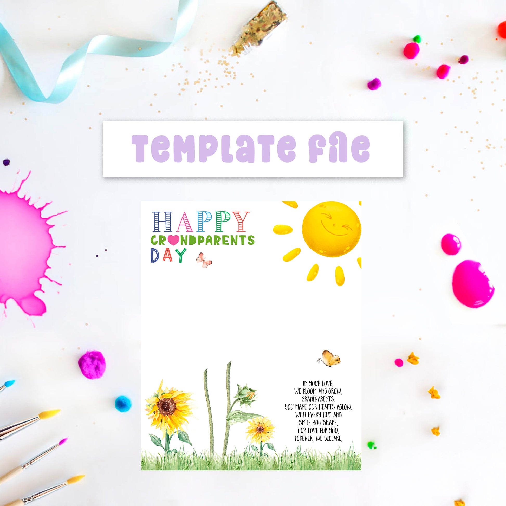 Two kids sunflower handprint art template with a poem for Grandparents Day