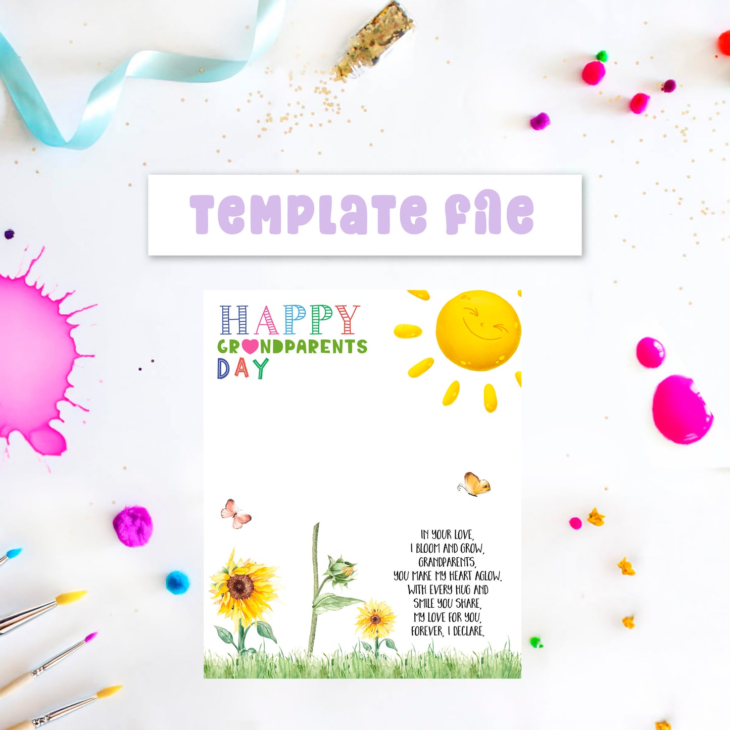 Toddler sunflower handprint art template with a poem for Grandparents Day