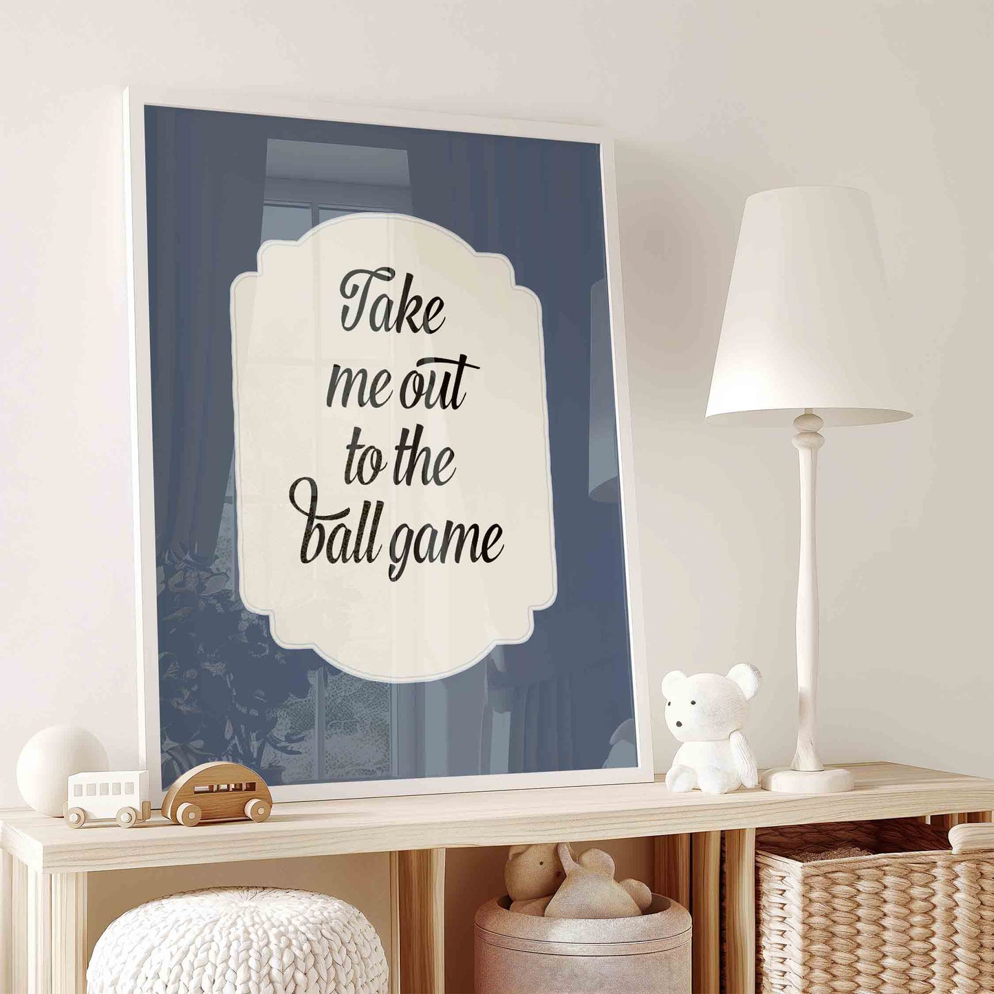 Take me out to the ball game typography print styled for a baseball nursery room