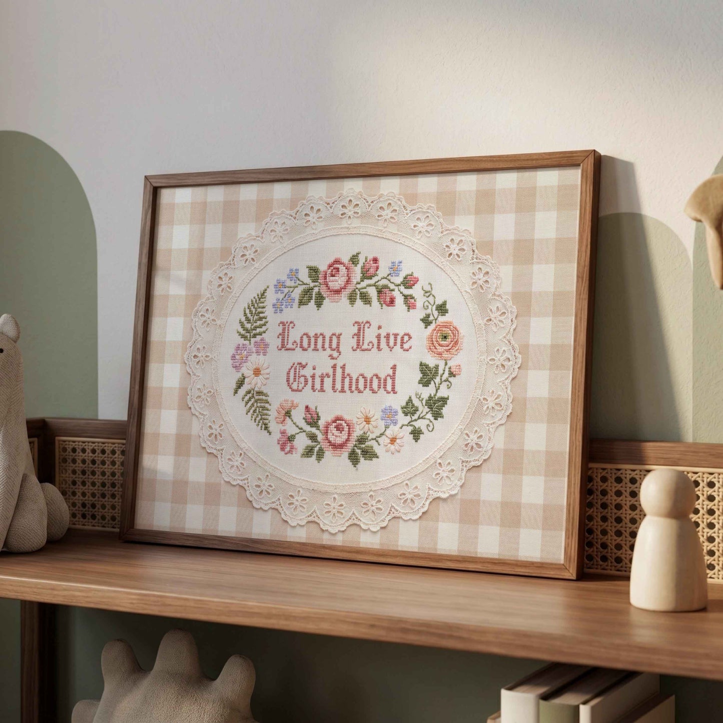 Tan gingham nursery print with rose pink lettering