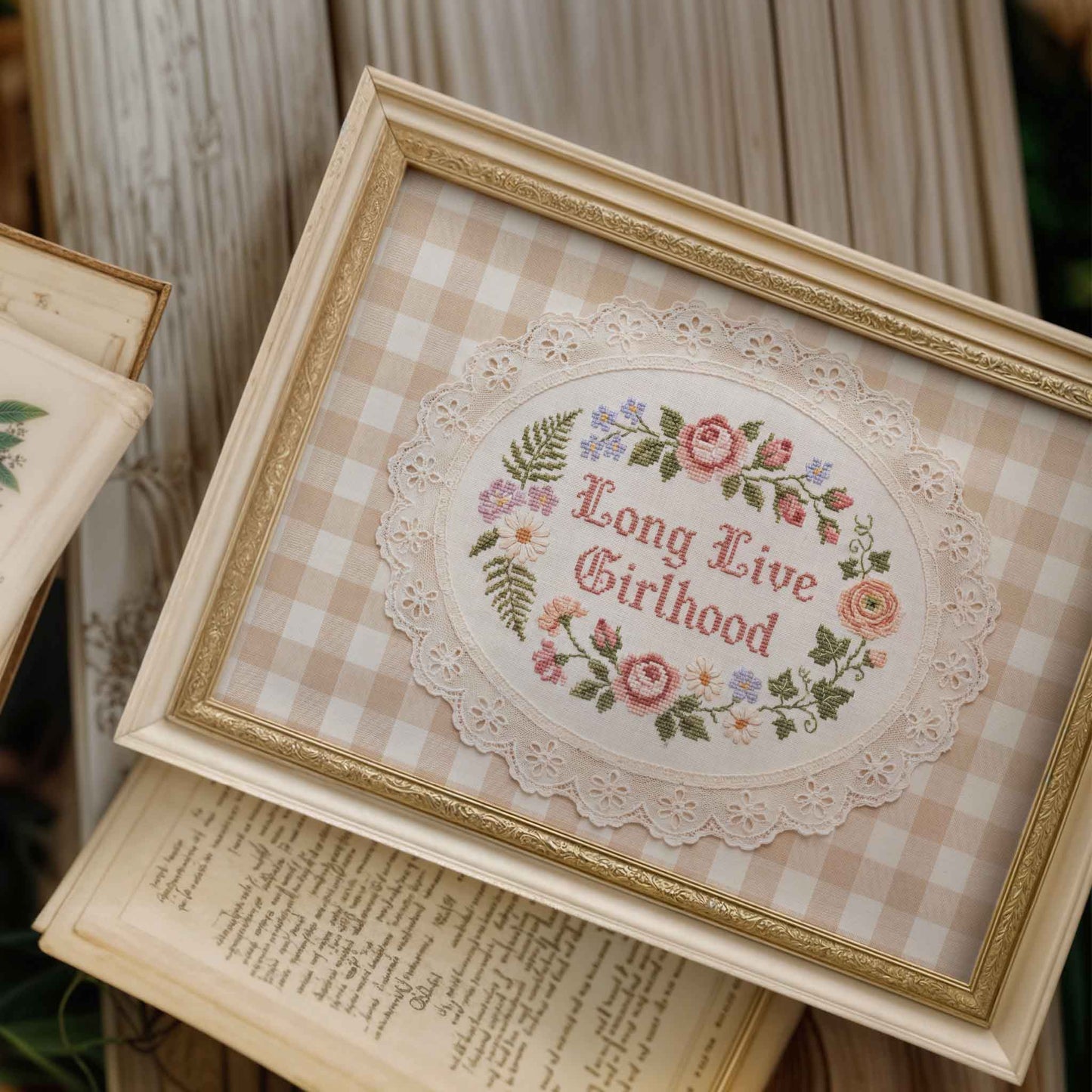 Framed Long Live Girlhood print with wildflower embroidery border
