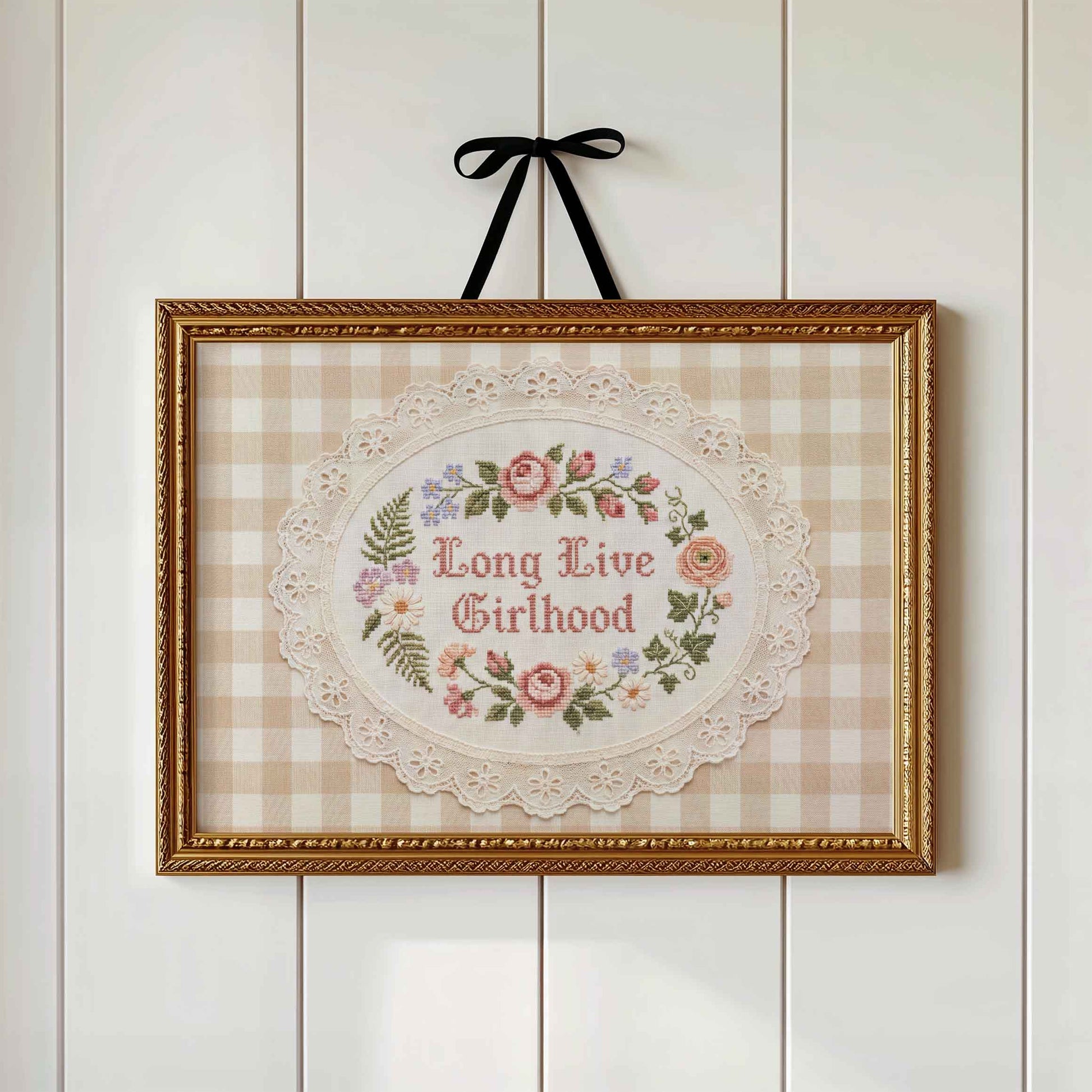 Tan gingham Long Live Girlhood faux embroidery print in an oval lace frame