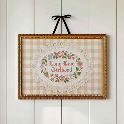 Tan gingham Long Live Girlhood faux embroidery print in an oval lace frame
