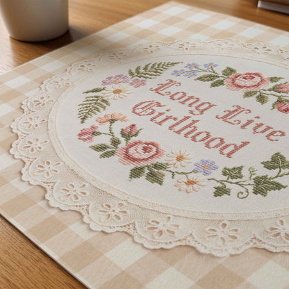 Vintage cross stitch style nursery print with tan and cream plaid background