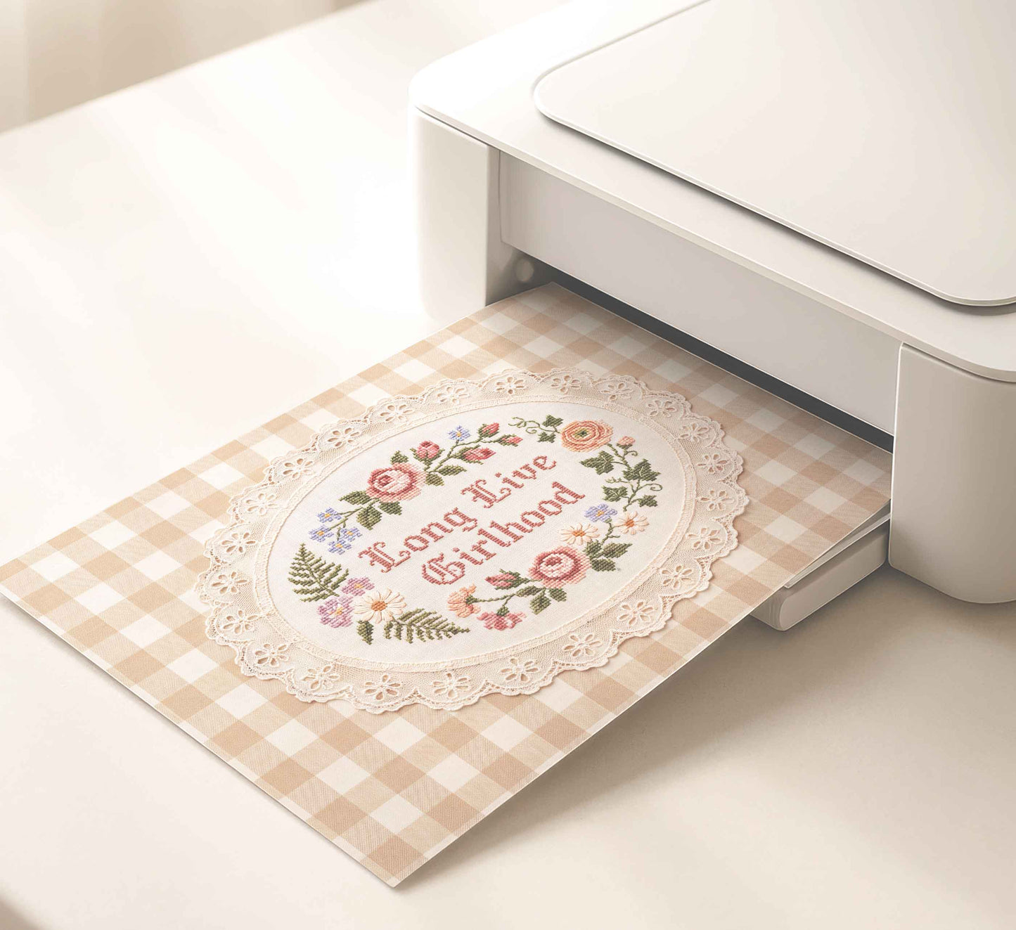 Long Live Girlhood print with fern leaves and wildflower cross stitch detail