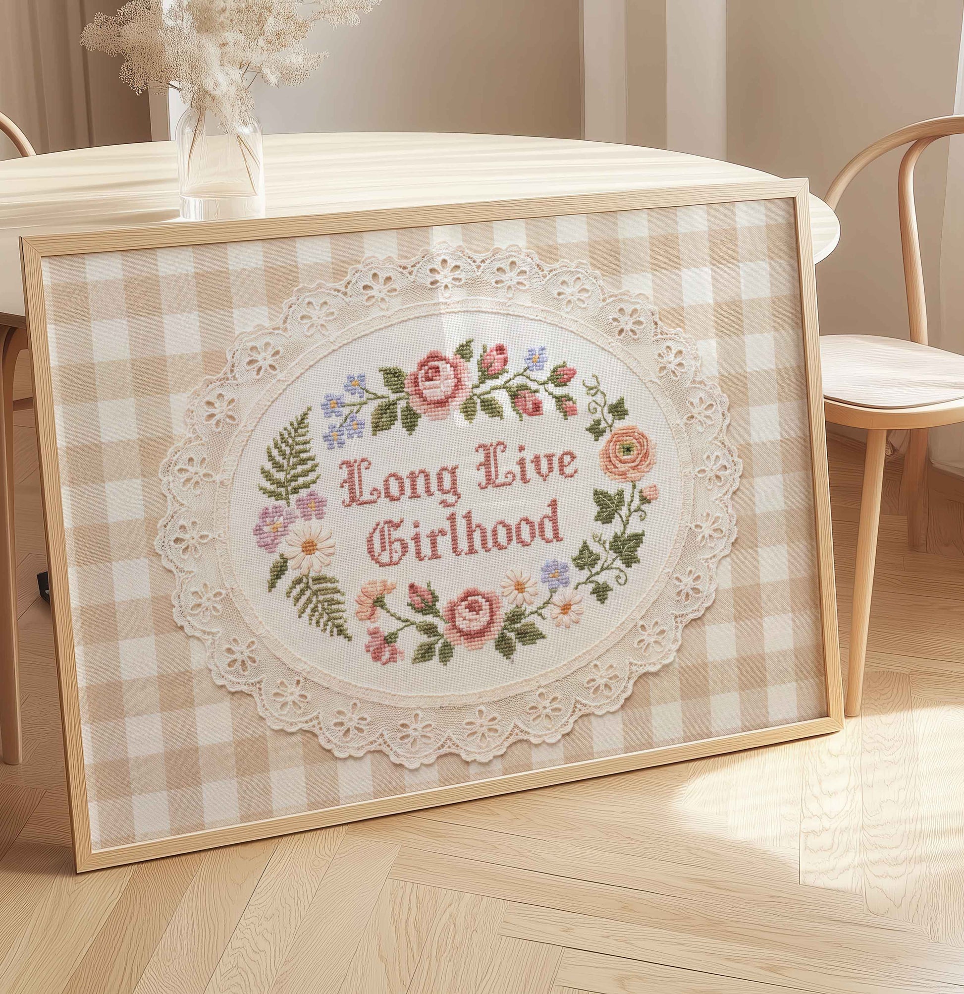 Faux embroidery Long Live Girlhood print for a baby girl nursery