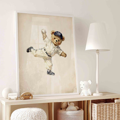 Teddy bear baseball pitcher nursery wall art vintage boys room decor
