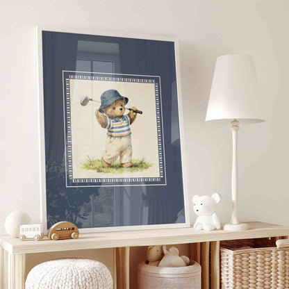 Teddy bear golfer print on navy background for a vintage boys nursery room