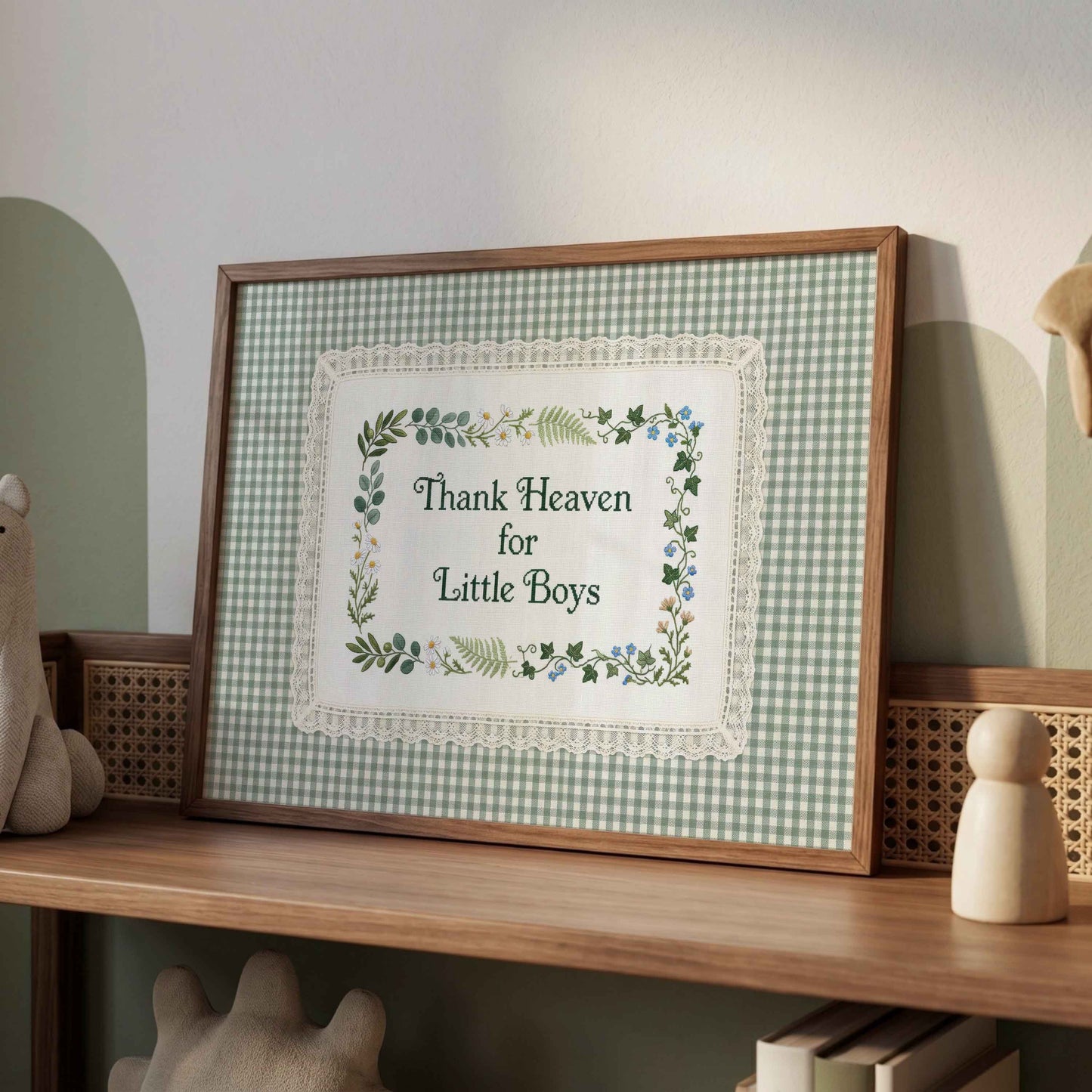Framed Thank Heaven for Little Boys print with daisy and forget me not border