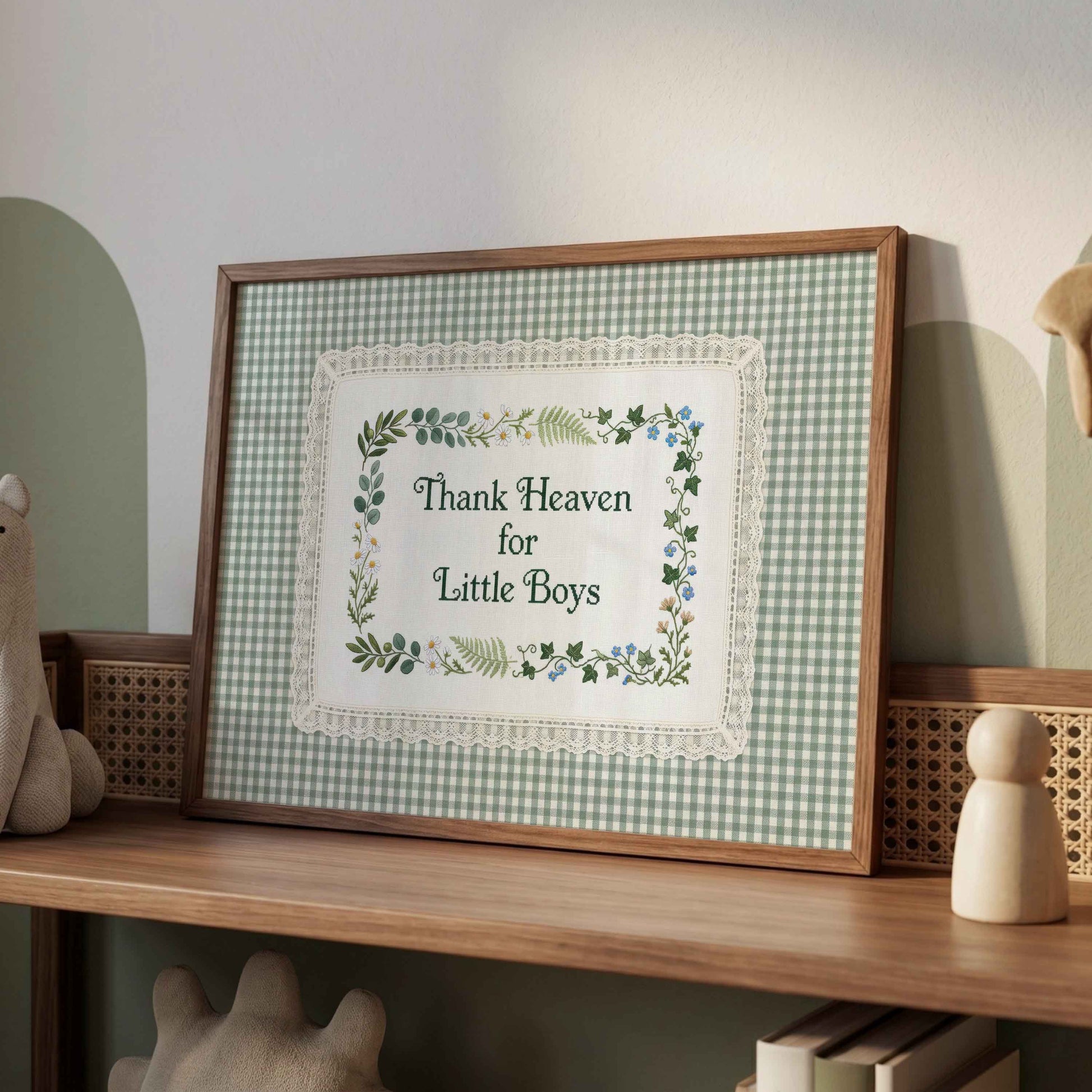 Framed Thank Heaven for Little Boys print with daisy and forget me not border