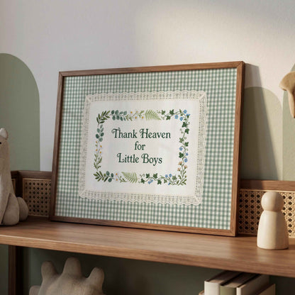 Framed Thank Heaven for Little Boys print with daisy and forget me not border