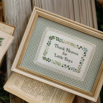 Rectangular lace nursery sign with dark green lettering