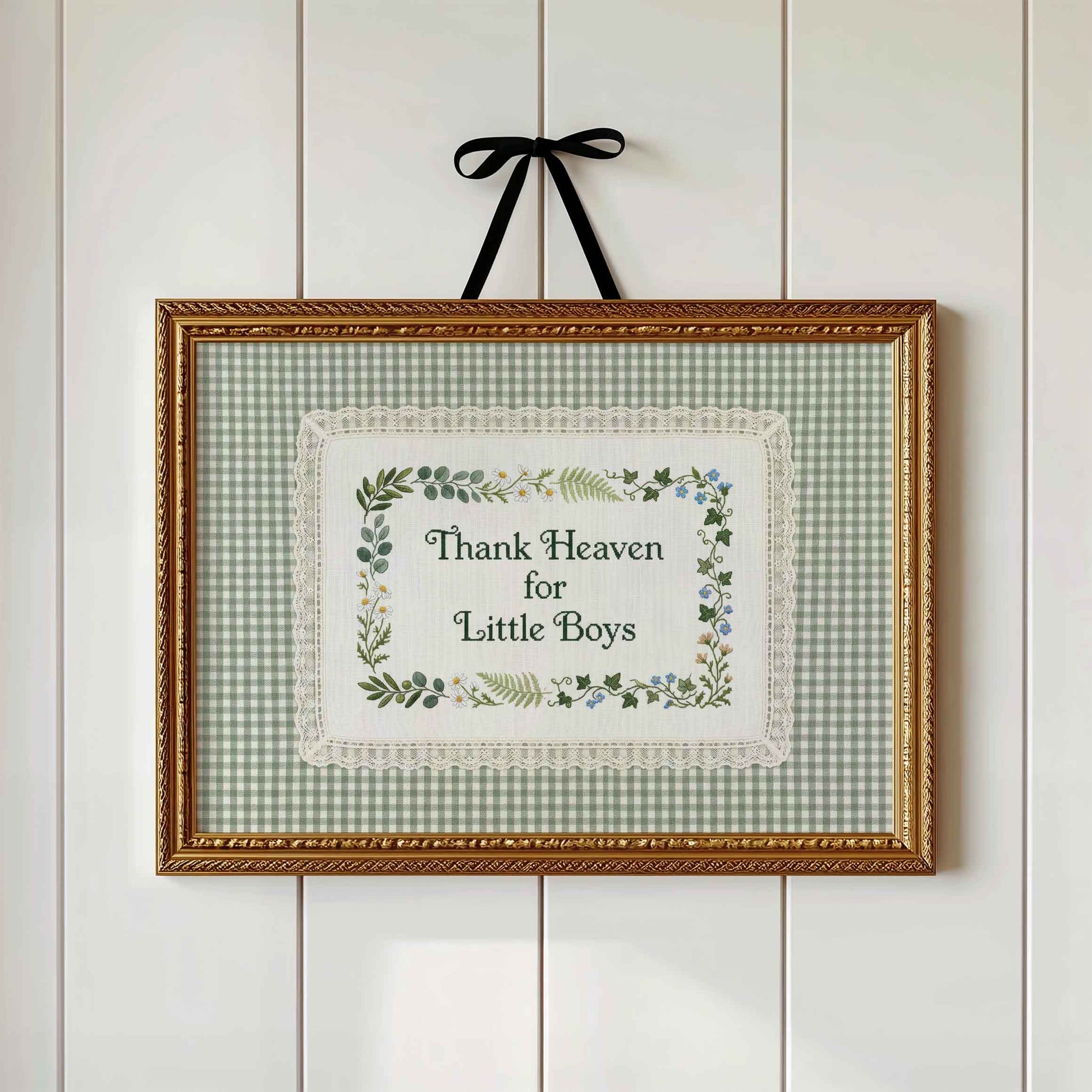 Thank Heaven for Little Boys faux embroidery print in a sage gingham frame