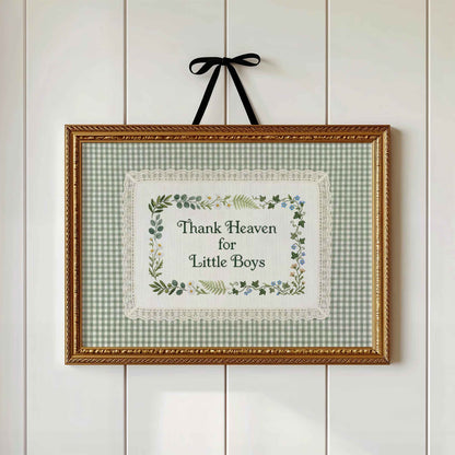 Thank Heaven for Little Boys faux embroidery print in a sage gingham frame
