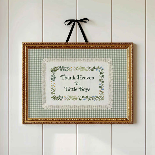 Thank Heaven for Little Boys faux embroidery print in a sage gingham frame