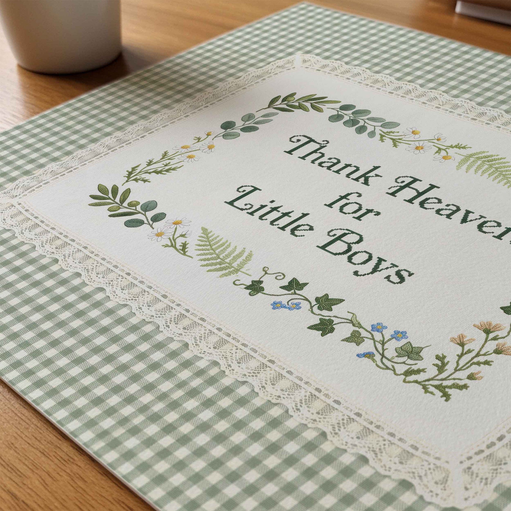 Vintage cross stitch style nursery print with sage green gingham background