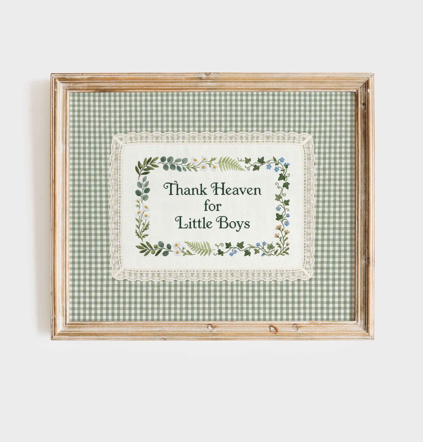 Thank Heaven for Little Boys print with botanical greenery cross stitch detail