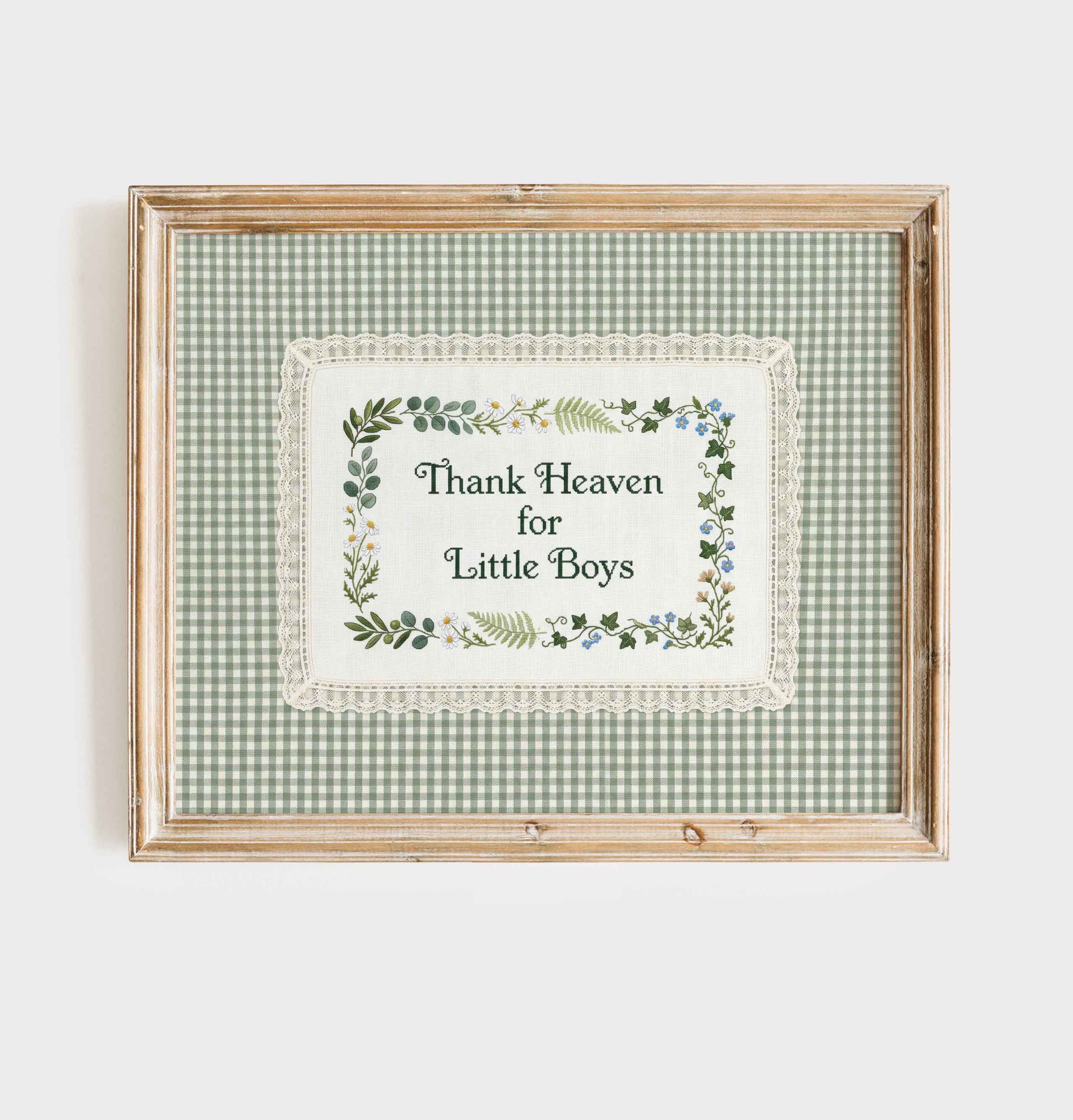 Thank Heaven for Little Boys print with botanical greenery cross stitch detail