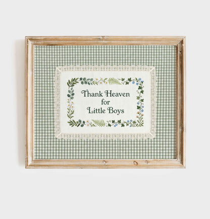 Thank Heaven for Little Boys print with botanical greenery cross stitch detail