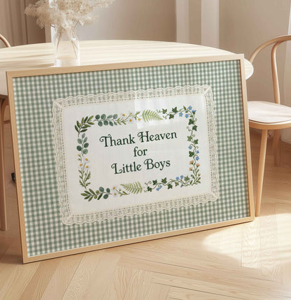 Sage green gingham nursery print with embroidered lace border