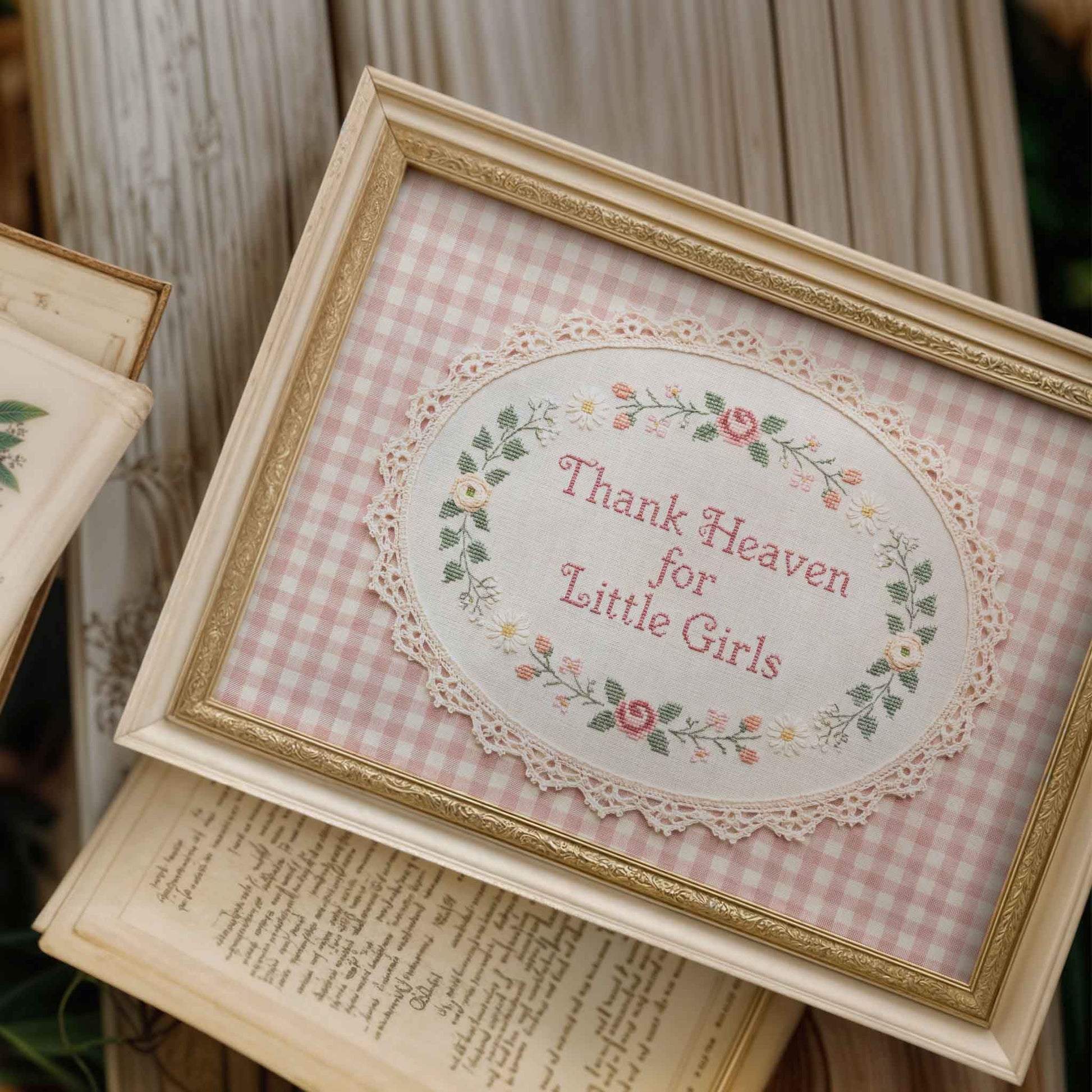 Framed Thank Heaven for Little Girls print with floral needlework border