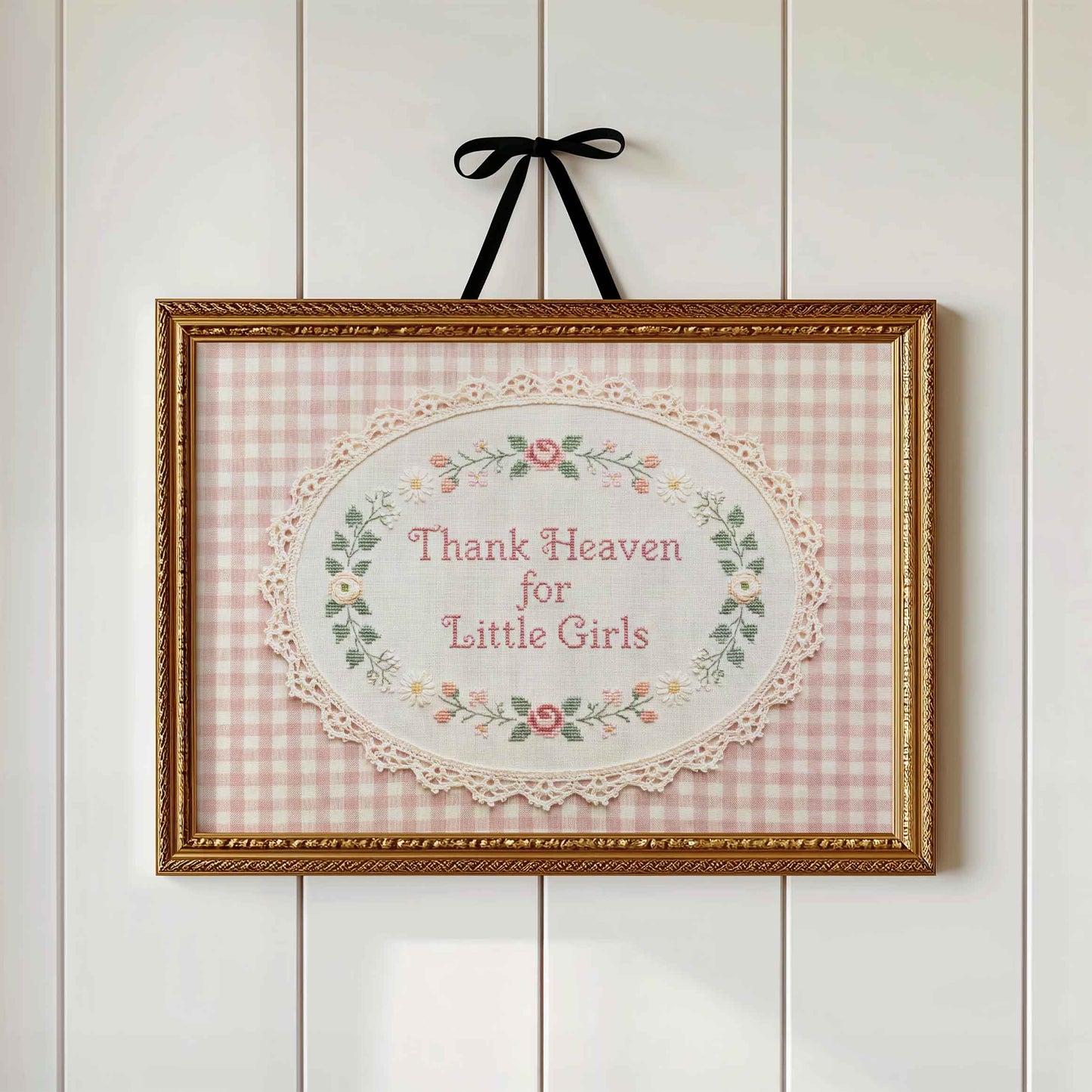 Vintage embroidery nursery wall art for a girls bedroom