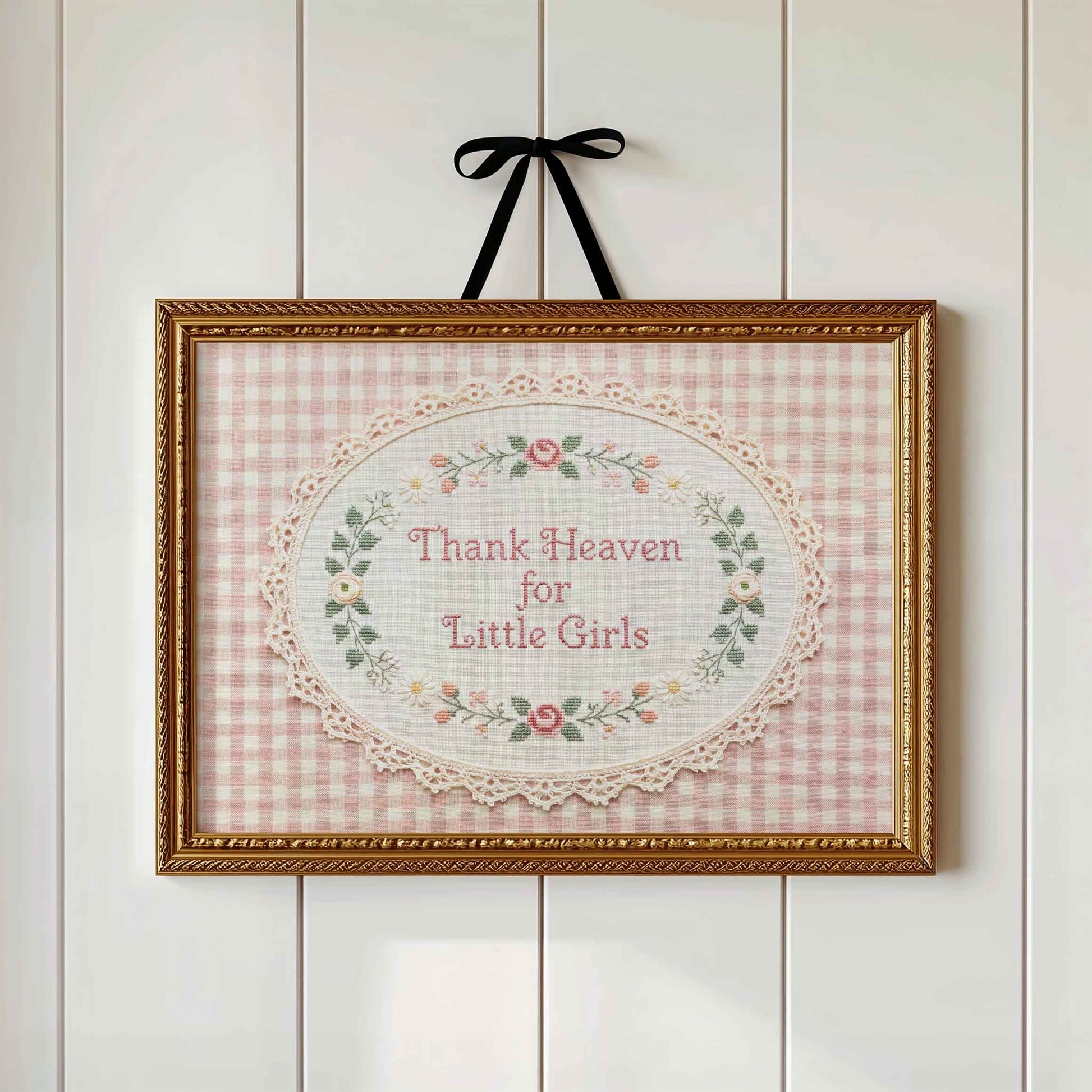 Vintage embroidery nursery wall art for a girls bedroom